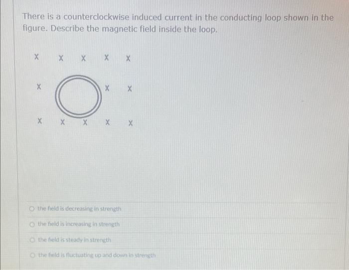 There is a counterclockwise induced current in the conducting loop shown in the
figure. Describe the magnetic field inside th