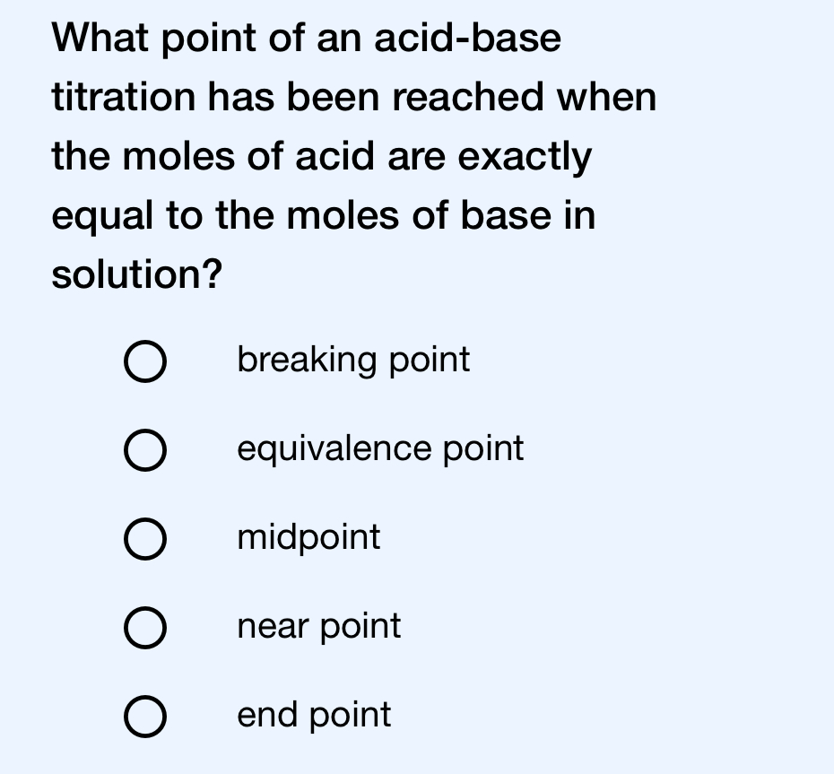 Solved What point of an acidbase titration has been reached