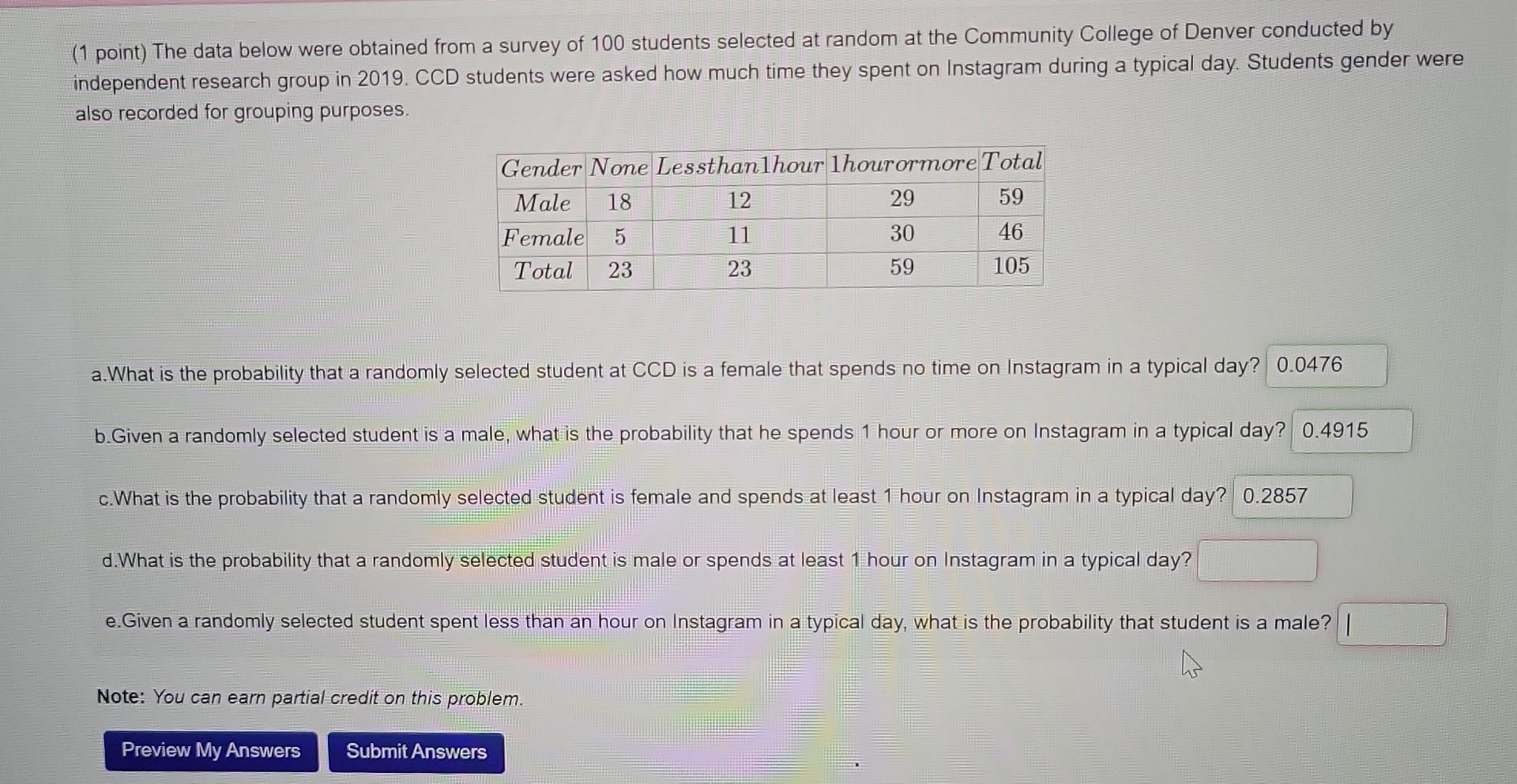 (1 point) The data below were obtained from a survey of 100 students selected at random at the Community College of Denver co