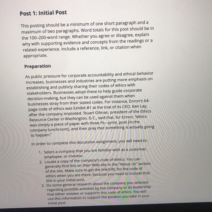 Post 1 Initial Post This Posting Should Be A Minimum Chegg Com