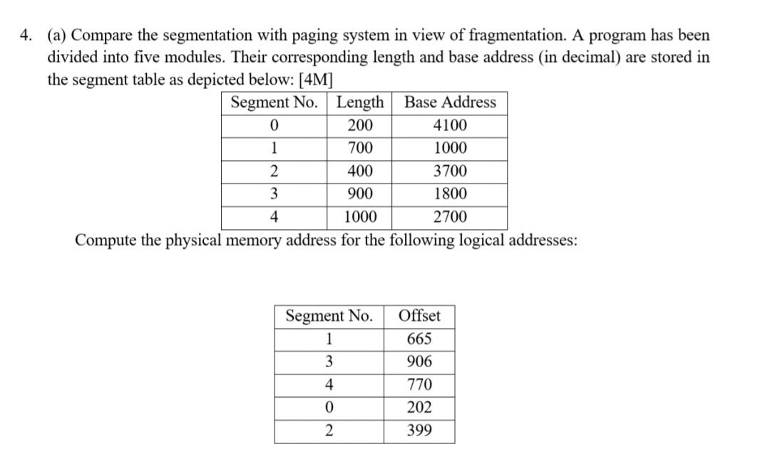 Solved 4. (a) Compare the segmentation with paging system in