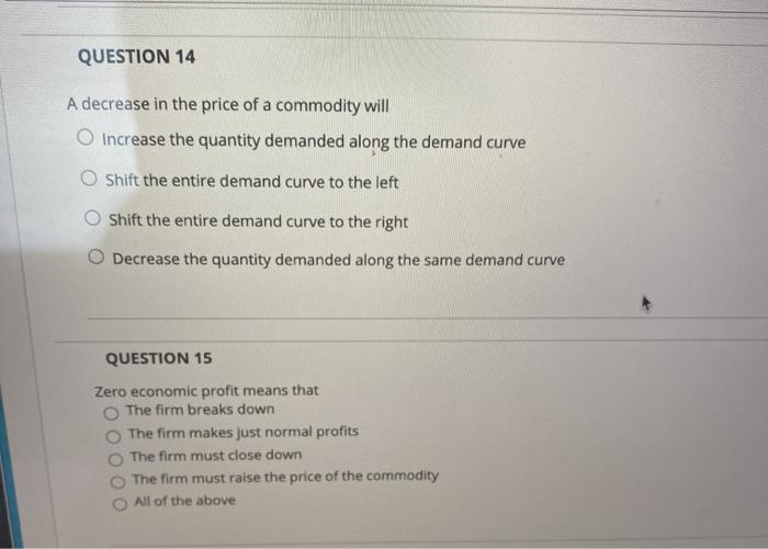 Solved QUESTION 14 A decrease in the price of a commodity | Chegg.com