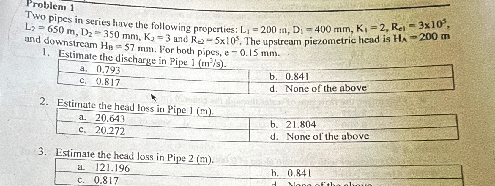 Solved Problem 1Two pipes in series have the following | Chegg.com