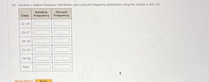 (b) Develop a relative frequency distribution and a percent frequency distribution using the classes in part (a).
\begin{tabu