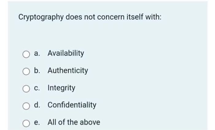 Solved Cryptography does not concern itself with: a. | Chegg.com