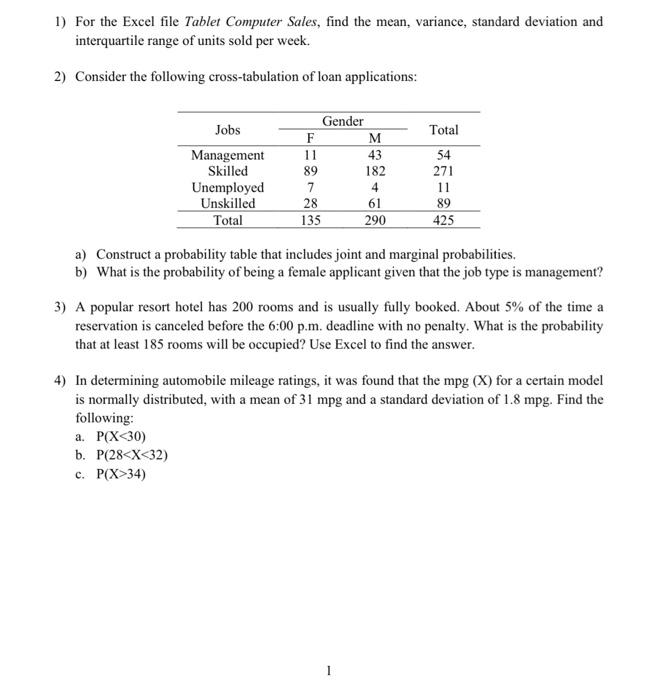 Solved 1) For The Excel File Tablet Computer Sales, Find The 