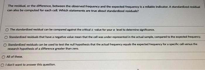 Solved The residual, or the difference, between the observed | Chegg.com