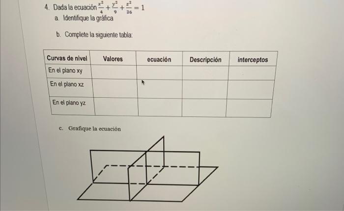 4. Dada la ecuación \( \frac{x^{2}}{4}+\frac{y^{2}}{9}+\frac{z^{2}}{36}=1 \) a. Identifique la gráfica b. Complete la siguien