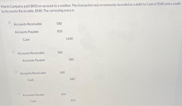 Solved Marin Company paid $850 on account to a creditor. The | Chegg.com