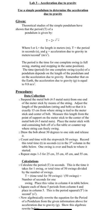 Lab 3 - Acceleration due to gravity Use a simple | Chegg.com