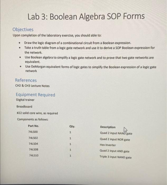 Solved Lab 3: Boolean Algebra SOP Forms Objectives Upon | Chegg.com