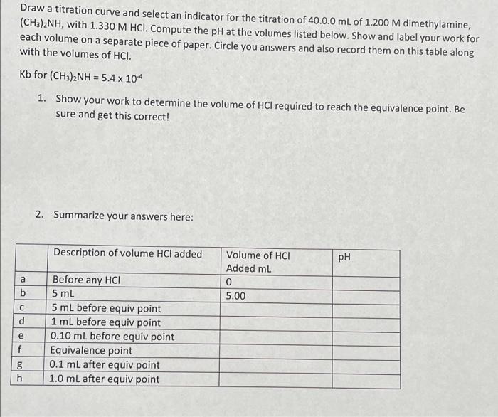 Solved Draw a titration curve and select an indicator for