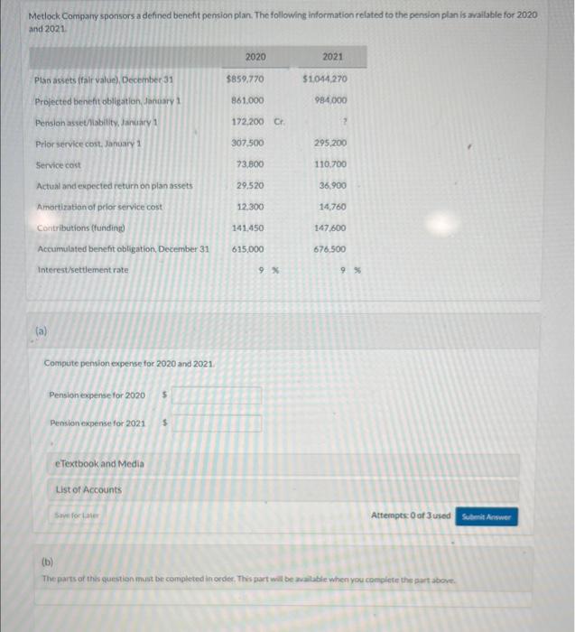 Solved Metlock Compary sponsors a defined benefit pemsion | Chegg.com