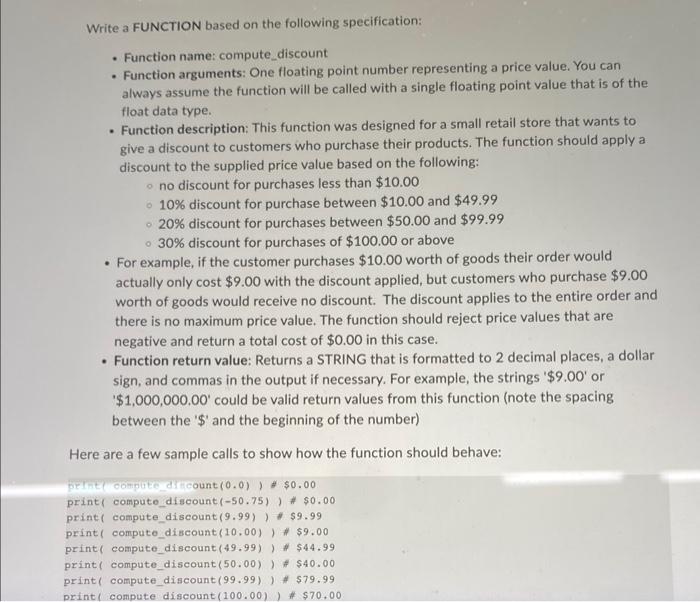 Solved Write a FUNCTION based on the following | Chegg.com