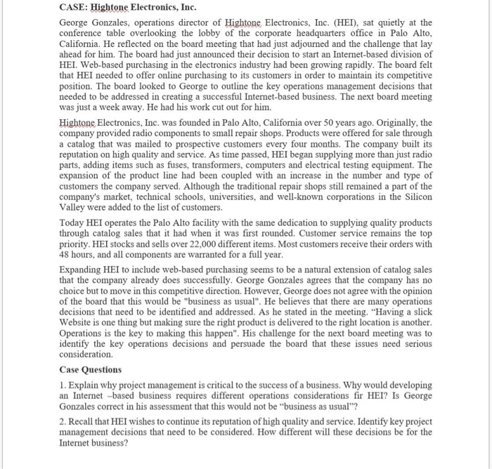 Solved CASE Hightone Electronics, Inc. Gonzales,