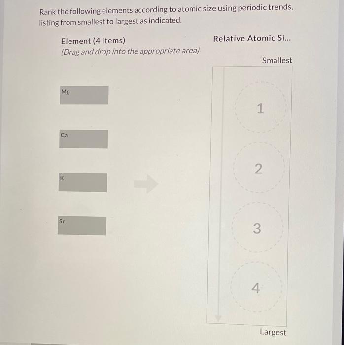 Rank the following elements according to atomic size using periodic trends, listing from smallest to largest as indicated.
El