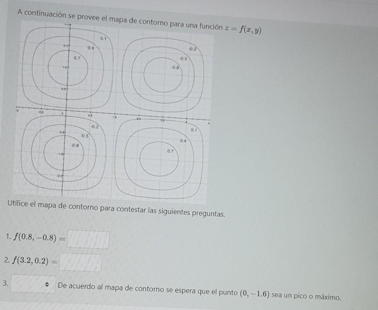 A continuación se provee el mapa de contorno para una función 2 = f(x, y) 0.1 20+ 0.4 0.2 0.7 -0.5 13 0.8 -02 0.1 -0.5 04 08