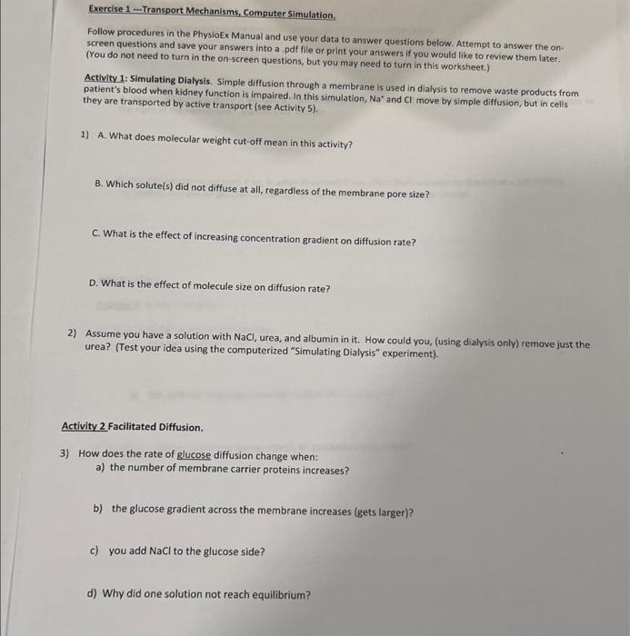 Solved Exercise 1 ---Transport Mechanisms, Computer | Chegg.com
