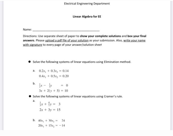 Solved Electrical Engineering Department Linear Algebra for | Chegg.com