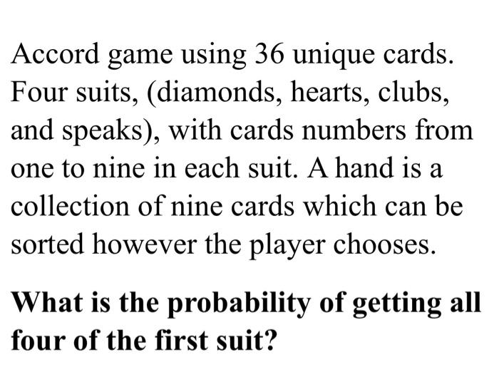 Solved Accord game using 36 unique cards. Four suits, | Chegg.com