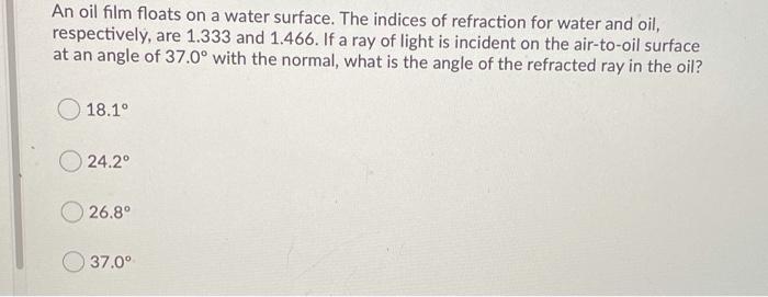 Solved An oil film floats on a water surface. The indices of | Chegg.com