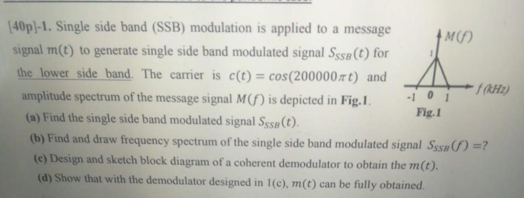 Solved [40p)-1. Single side band (SSB) modulation is applied | Chegg.com