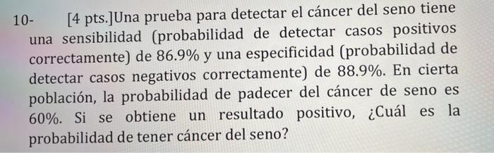 10- [4 pts.]Una prueba para detectar el cáncer del seno tiene una sensibilidad (probabilidad de detectar casos positivos corr