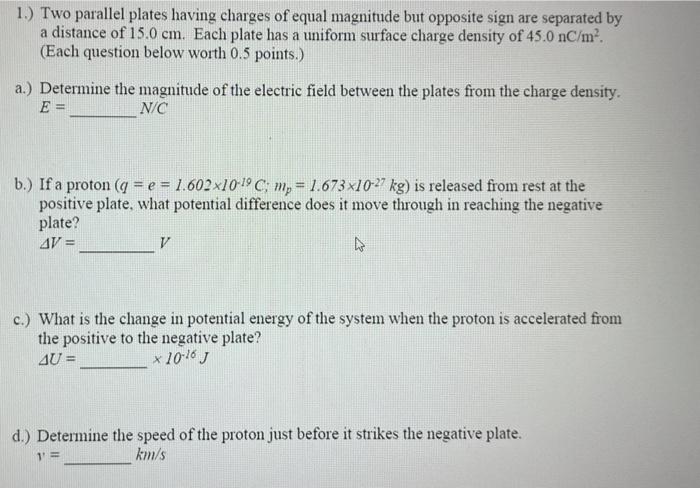 Solved 1.) Two parallel plates having charges of equal | Chegg.com