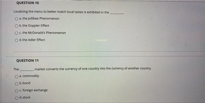 Solved QUESTION 10 Localizing the menu to better match local | Chegg.com