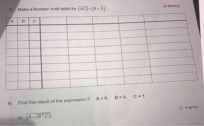 Solved (4 Marks) 3) Make a Boolean truth table for | Chegg.com