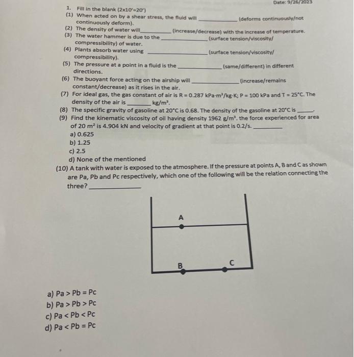 Solved 1. Fill in the blank (2×10′=20′) (1) When acted on by | Chegg.com