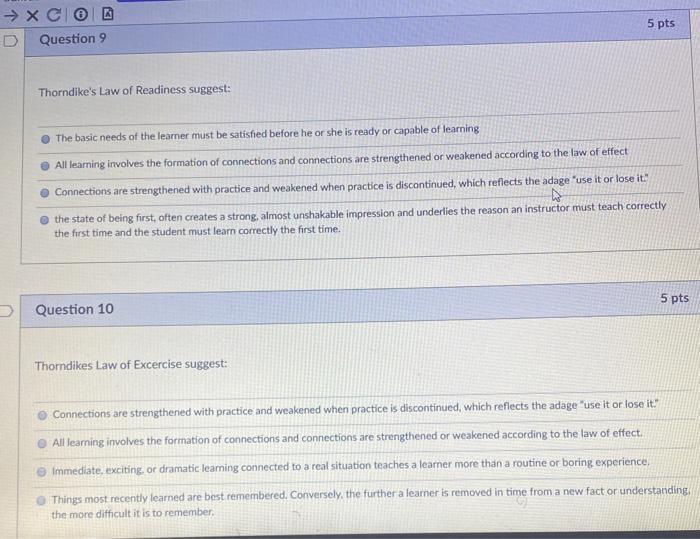 Solved → XCO D Question 9 5 pts Thorndike's Law of Readiness