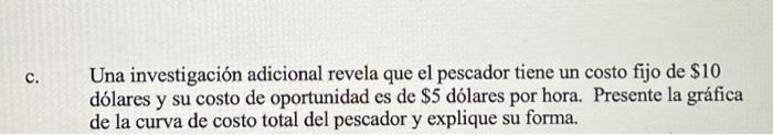 Una investigación adicional revela que el pescador tiene un costo fijo de \( \$ 10 \) dólares y su costo de oportunidad es de