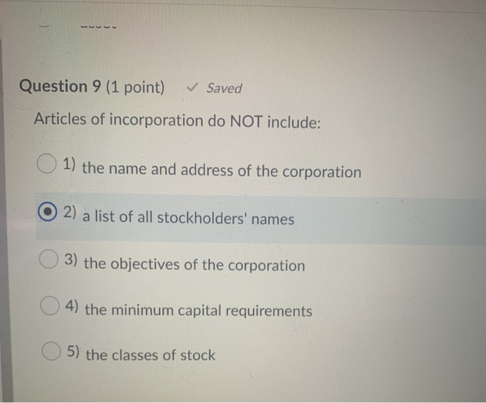 Solved Question 9 (1 point) Saved Articles of | Chegg.com