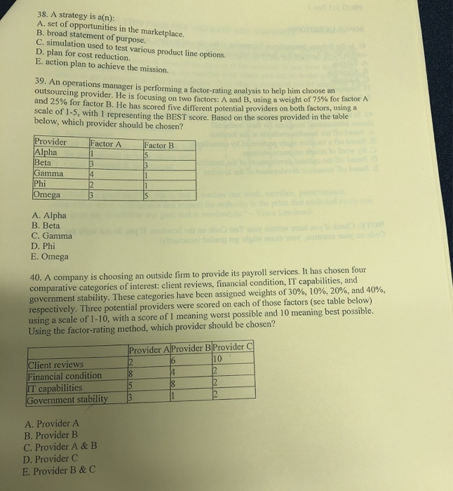 Solved 38 A Strategy Is An A Set Of Opportunities In