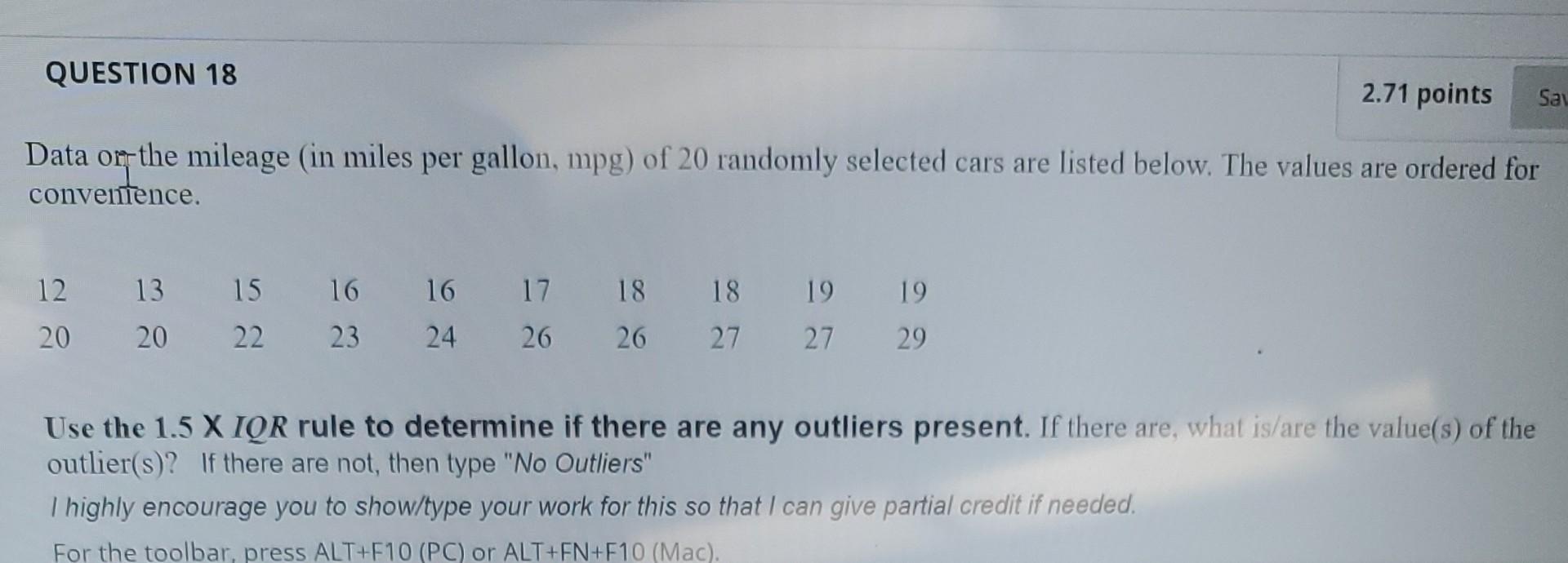 Solved Data or the mileage (in miles per gallon, mpg) of 20 | Chegg.com