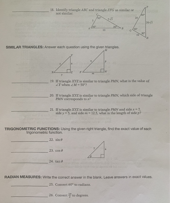 Solved 18. Identify triangle ABC and triangle EFG as similar | Chegg.com