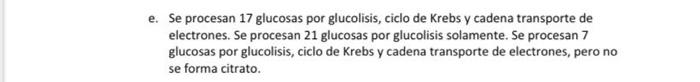 e. Se procesan 17 glucosas por glucolisis, ciclo de Krebs y cadena transporte de electrones. Se procesan 21 glucosas por gluc