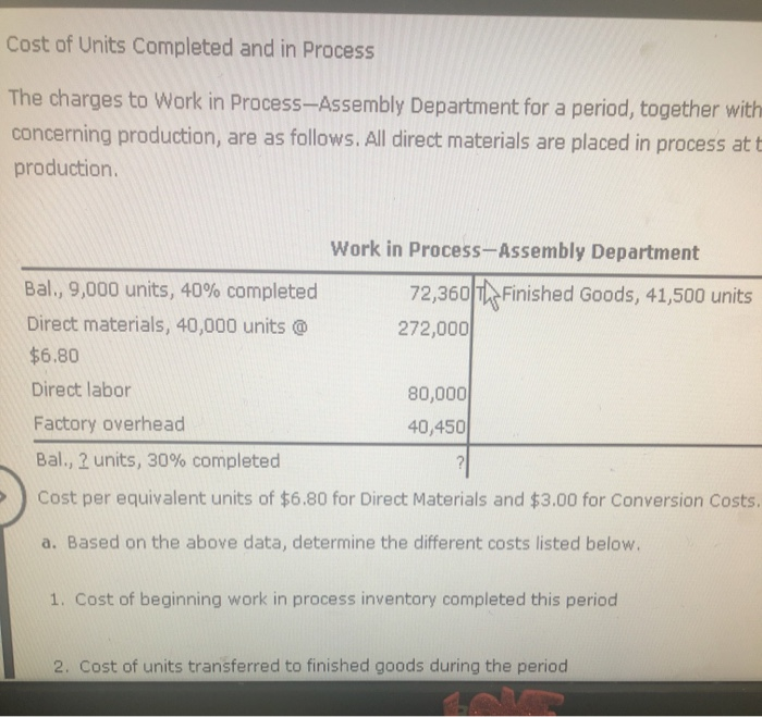 Solved Cost of Units Completed and in Process The charges to
