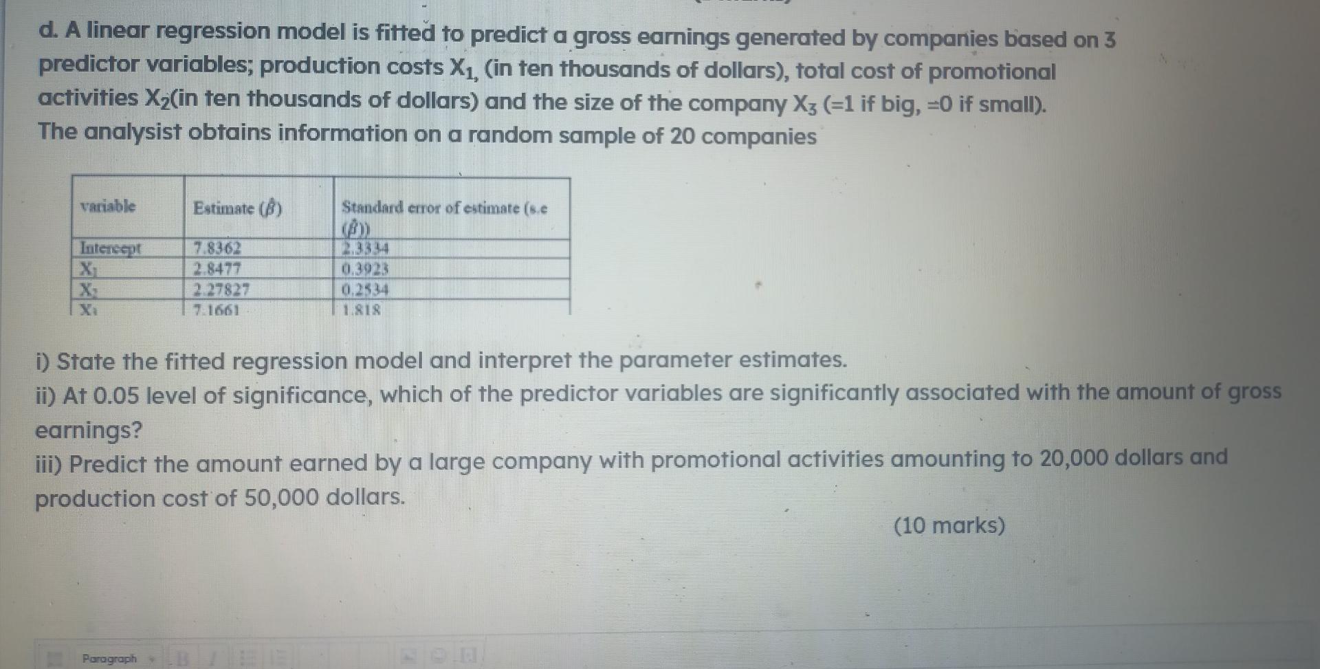 Solved d. A linear regression model is fitted to predict a | Chegg.com