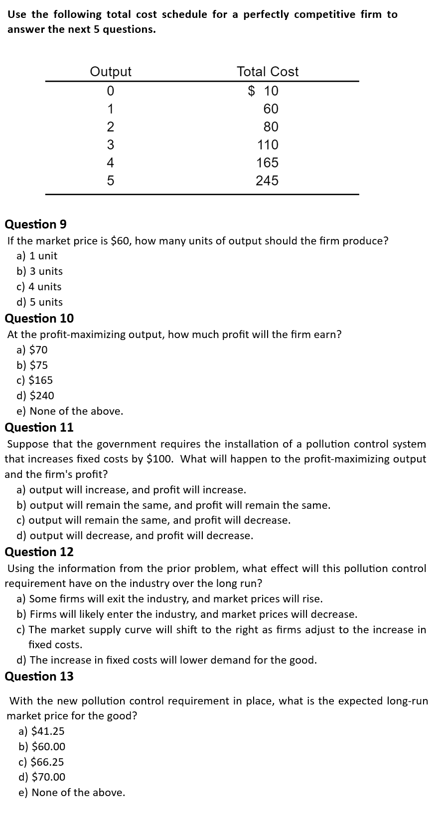 Solved Use the following total cost schedule for a perfectly | Chegg.com