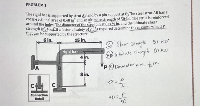 Solved The rigid bar is supported by strut AB and by a pin | Chegg.com