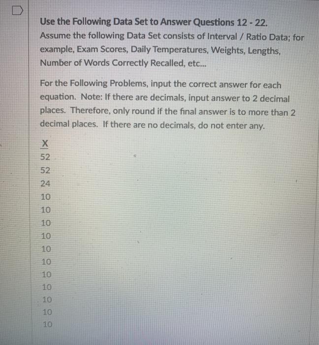 Solved Use the following Data Set to Answer Questions 12 - | Chegg.com