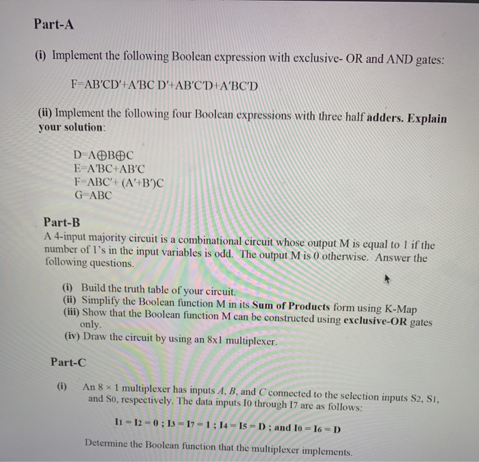 Solved Part-A (i) Implement The Following Boolean Expression | Chegg.com