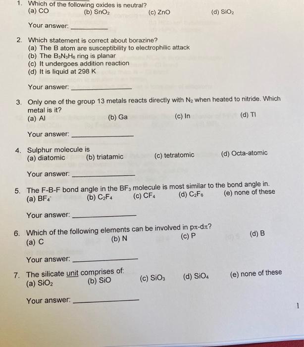 Solved 1. Which Of The Following Oxides Is Neutral? (a) CO | Chegg.com