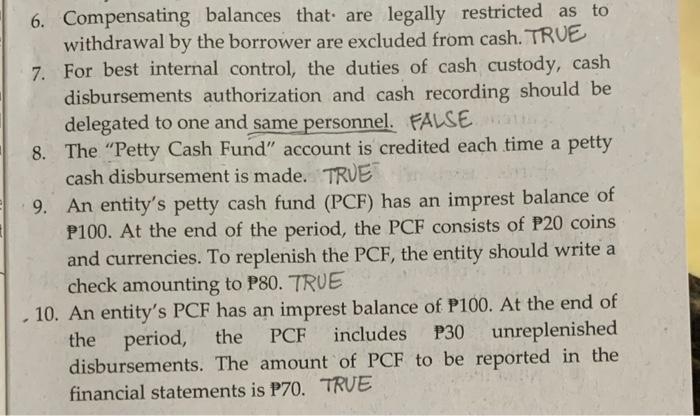 Solved 6. Compensating balances that are legally restricted | Chegg.com