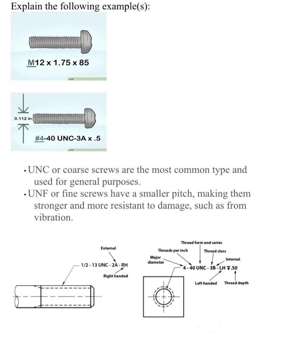 Explain the following example(s):
- UNC or coarse screws are the most common type and used for general purposes.
- UNF or fin