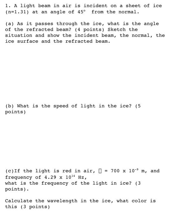 Solved 1. A light beam in air is incident on a sheet of ice | Chegg.com