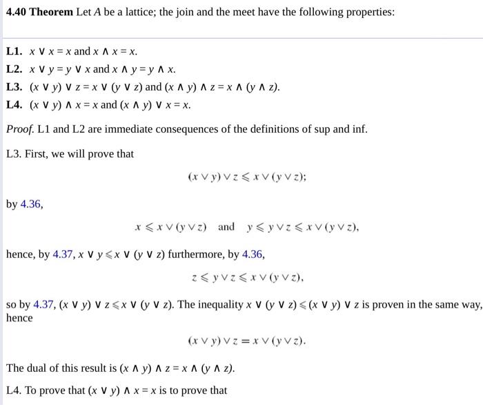 Solved 4.40 Theorem Let A be a lattice; the join and the | Chegg.com
