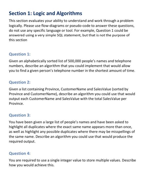 Solved Section 1: Logic and Algorithms This section | Chegg.com